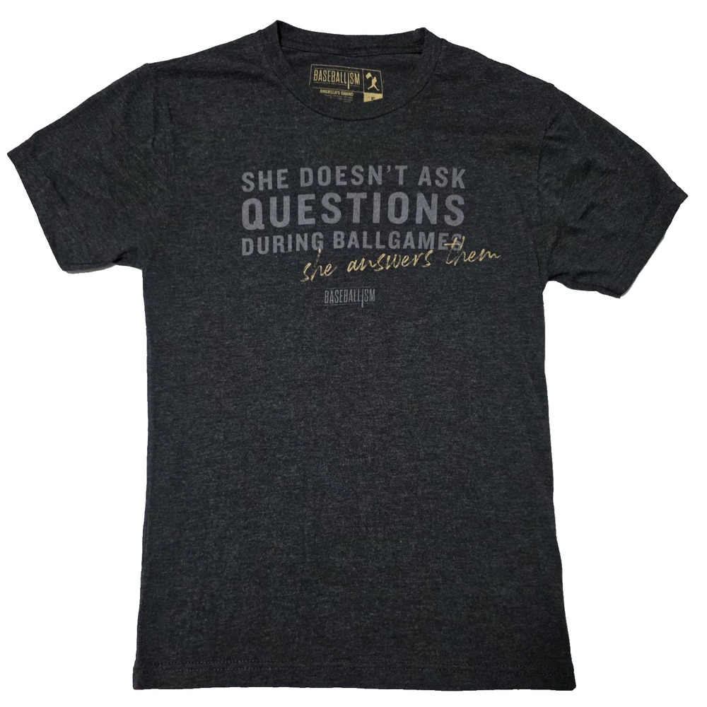 Baseballism "She Answers Them" Graphic T-Shirt Gray Mens Small Baseball Fan Tee